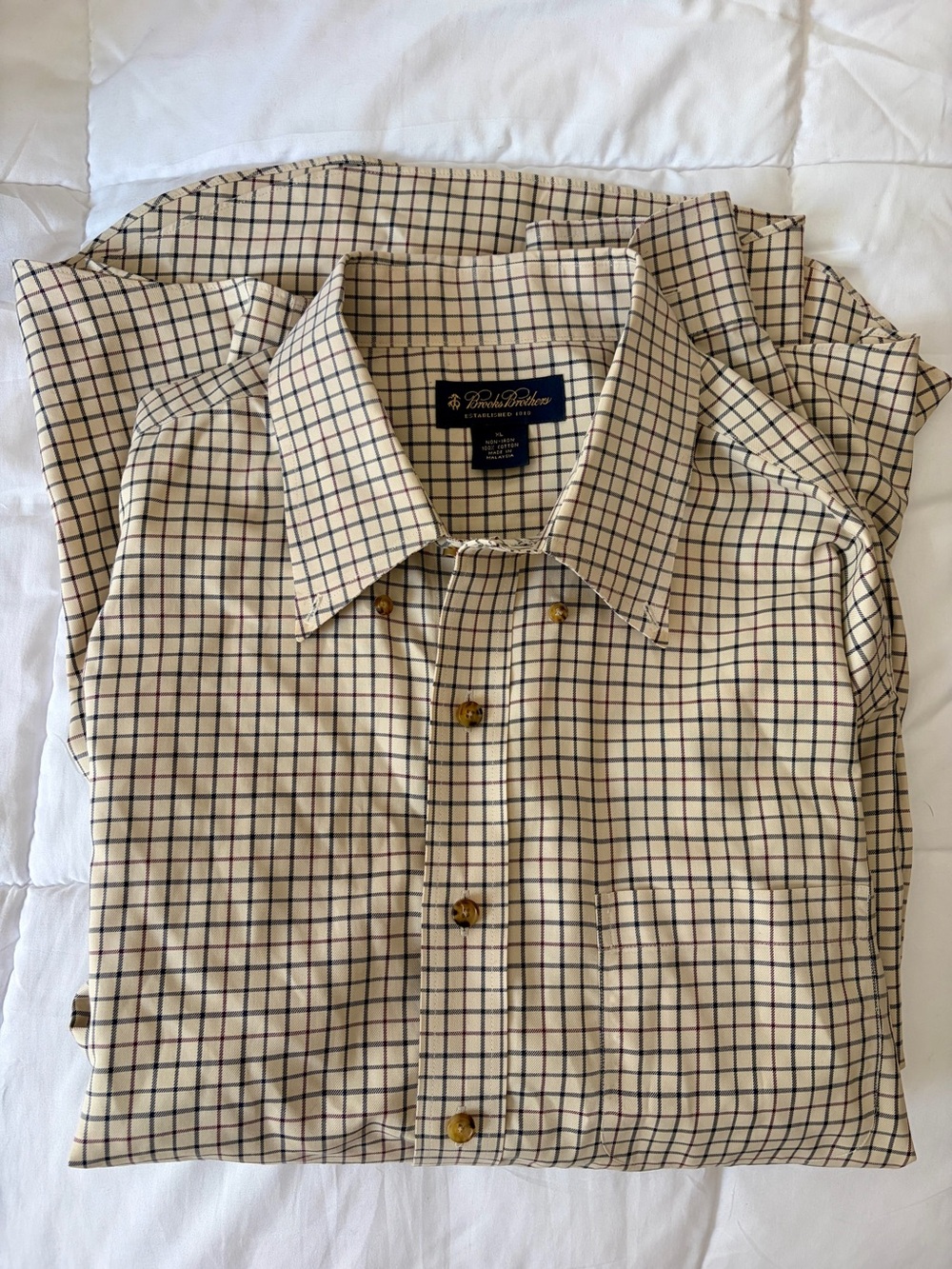 Brooks Brothers Beige Shirt with Navy Grid Check 100% Cotton